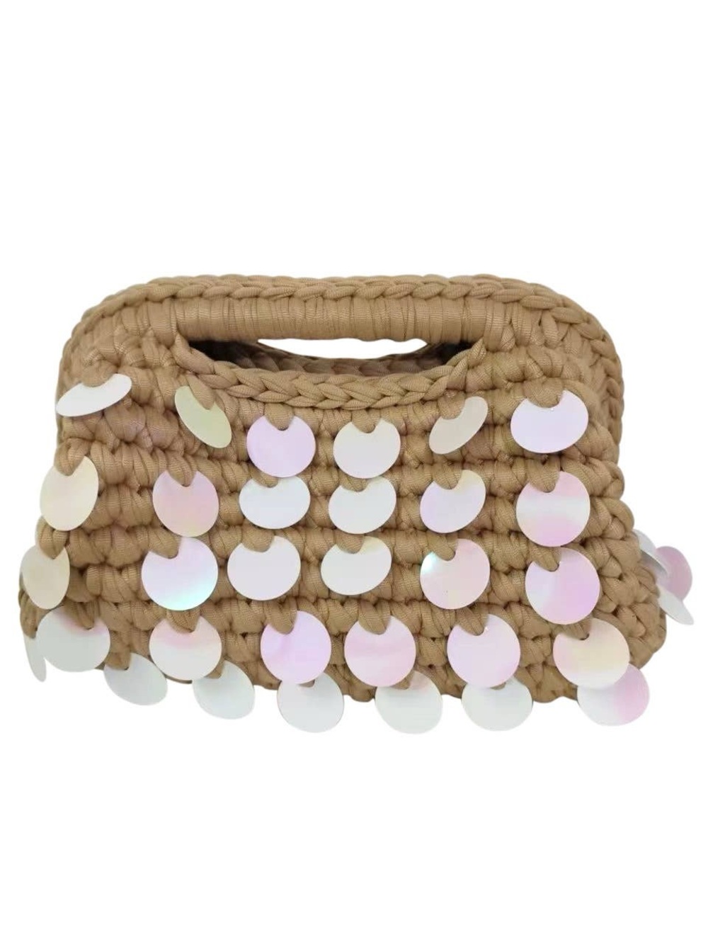 Handwoven Sequin Accent Tote Bag in Tan